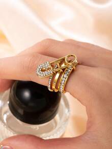 三色三环时尚女士戒指，可拆卸，锆石装饰，适合女性日常搭配、派对、礼物、配饰