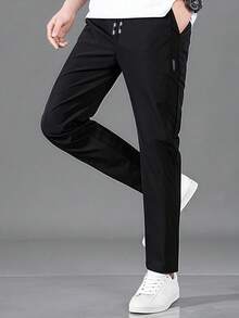 Men's Lightweight Casual Sports Pants, Elastic Waist, Solid Color, 4-Way Stretch, Unlined, Straight Leg, Suitable For Sports, Outdoor, Running