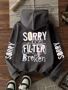 1pc Tween Girl Thermal Lined Thick Warm Hoodie Sweatshirt, Young Student Clothing, Suitable For Kids Autumn/Winter Long Sleeve Top - Dark Grey - View 3