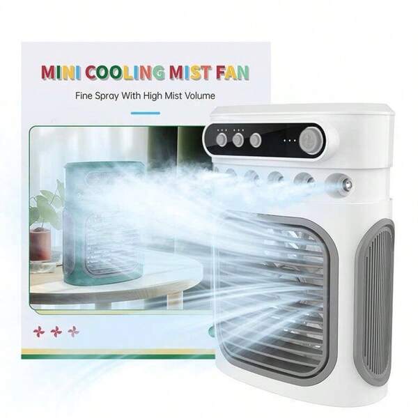 Ventilador de mesa portátil, spray de 6 furos, com função de iluminação colorida e função de aromaterapia, temporizador, carregamento tipo C, produto refrescante de verão, adequado para quarto, escritório e dormitório