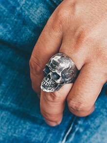 1pc Gothic Skull Ring, Dark Style Men's Accessory, Vintage Punk Vibe, Suitable For Halloween And Unisex - Cracked Skull - View 3