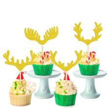 12pcs Christmas Reindeer Horn Cupcake Toppers, Glitter Merry Christmas Reindeer Cupcake Decorations, Ideal For Wedding, Rustic, Country, Birthday, Christmas Party - Gold - View 6