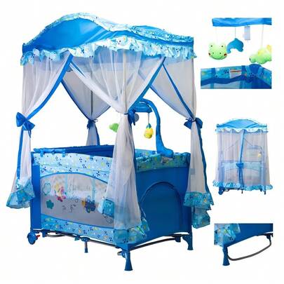 Corral bebé toldo cuna móvil mosquitero plegable azul, corral portátil para bebé, incluye toldo, cuna móvil y mosquitero, color azul