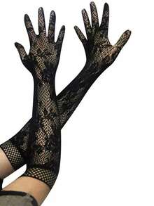 1 Pair Random Transparent Lace Stretch Gloves - Black - View 4