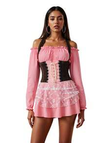 Women Pirate Costumes Contrast Long Sleeve Short Dress Halloween Cosplay Clothes For Party Club Stage - Pink - View 8