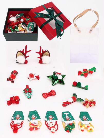 23 Piece Christmas Collection Gift Set DIY Hair Accessory Kit Christmas Hair Clips - Bow-Decorated Hair Clip, Reindeer Antler Hair Clip, Christmas Tree Hair Clip Christmas Ornaments & Decorations Storage Pouch Children's Dress-Up Toys Perfect For Girls' Hair Styling Parties Christmas Gifts Birthday Presents