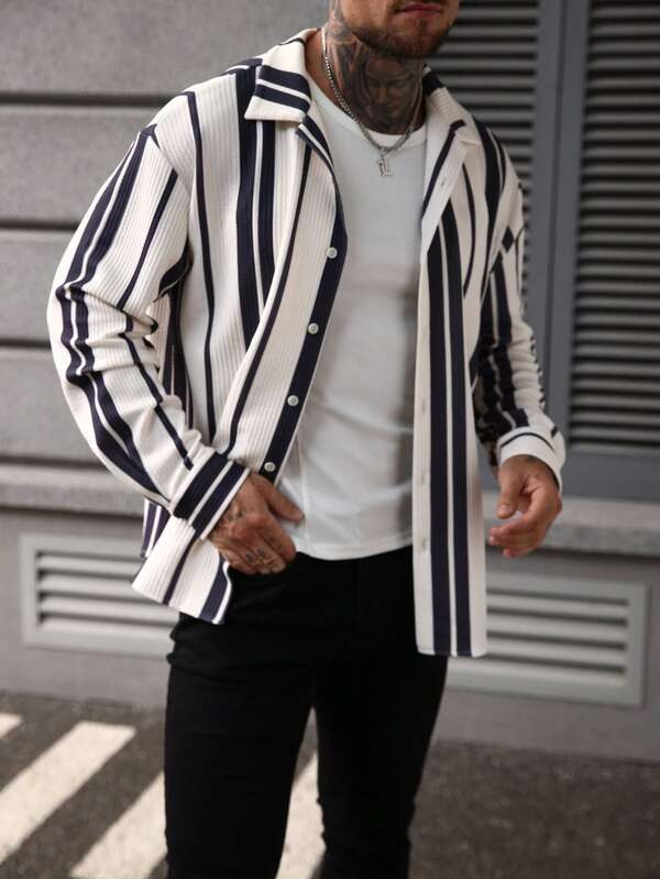 Men's Casual Striped Long Sleeve Knit Shirt With Collar, Fall