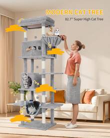HEXCELEN 82.7-Inch Cat Tree, Large Cat Tower For Indoor Cats, Condo With Perch, Cat House Furniture With 2 Caves, 8 Scratching Posts, Hammock, Pompoms, Washable Cushion, Dark Gray - 深灰色 - 查看 1