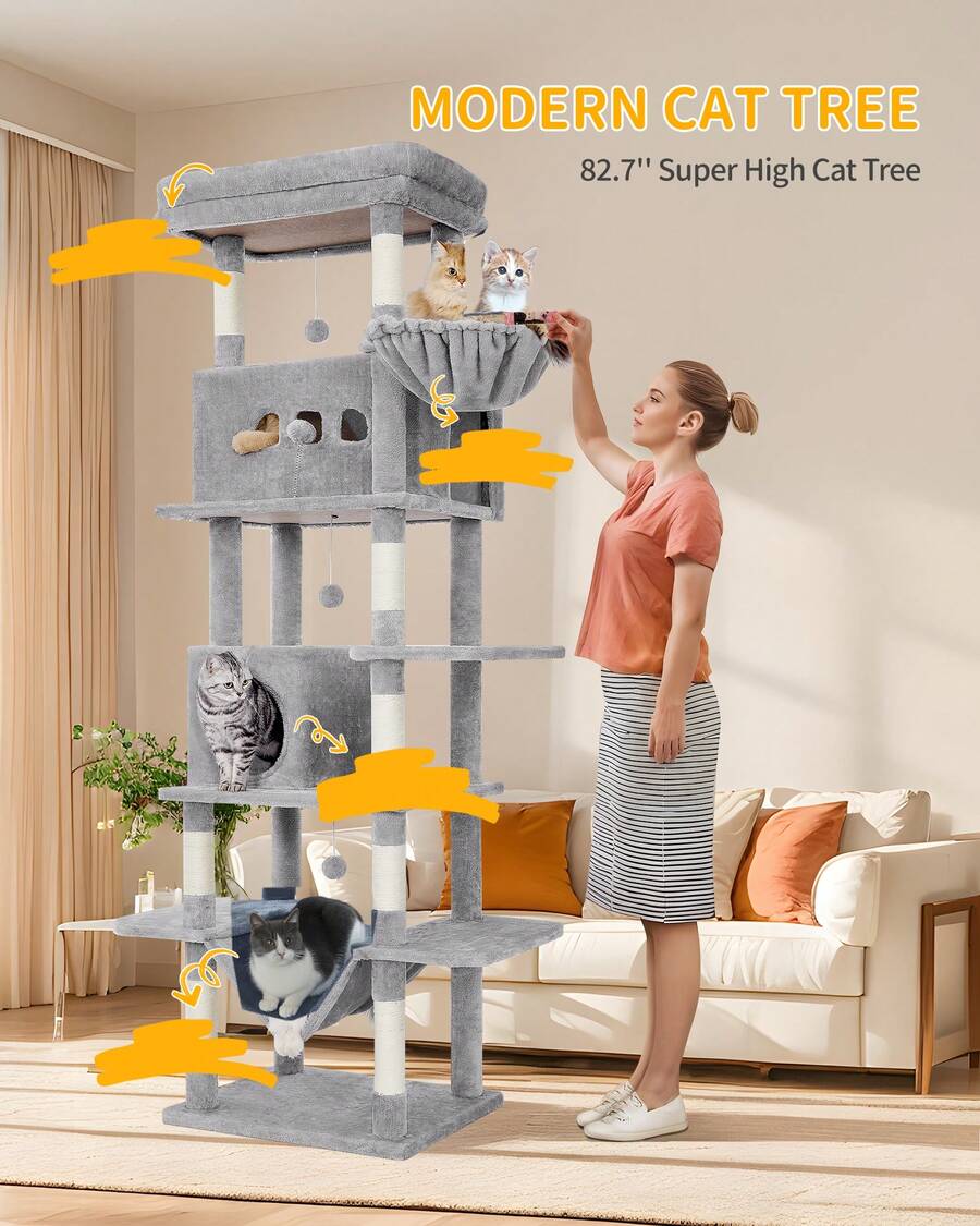 HEXCELEN 82.7-Inch Cat Tree, Large Cat Tower For Indoor Cats, Condo With Perch, Cat House Furniture With 2 Caves, 8 Scratching Posts, Hammock, Pompoms, Washable Cushion, Dark Gray - 深灰色 - 查看 1