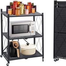 LOVEWE 3 Tier Foldable Storage Shelf, Large Capacity Metal Shelf Rack, Rolling Bookshelf With Wheels, Wire Shelf Organizer For Kitchen, Pantry, Office, Garage - Đen - 3 lớp - Xem 3