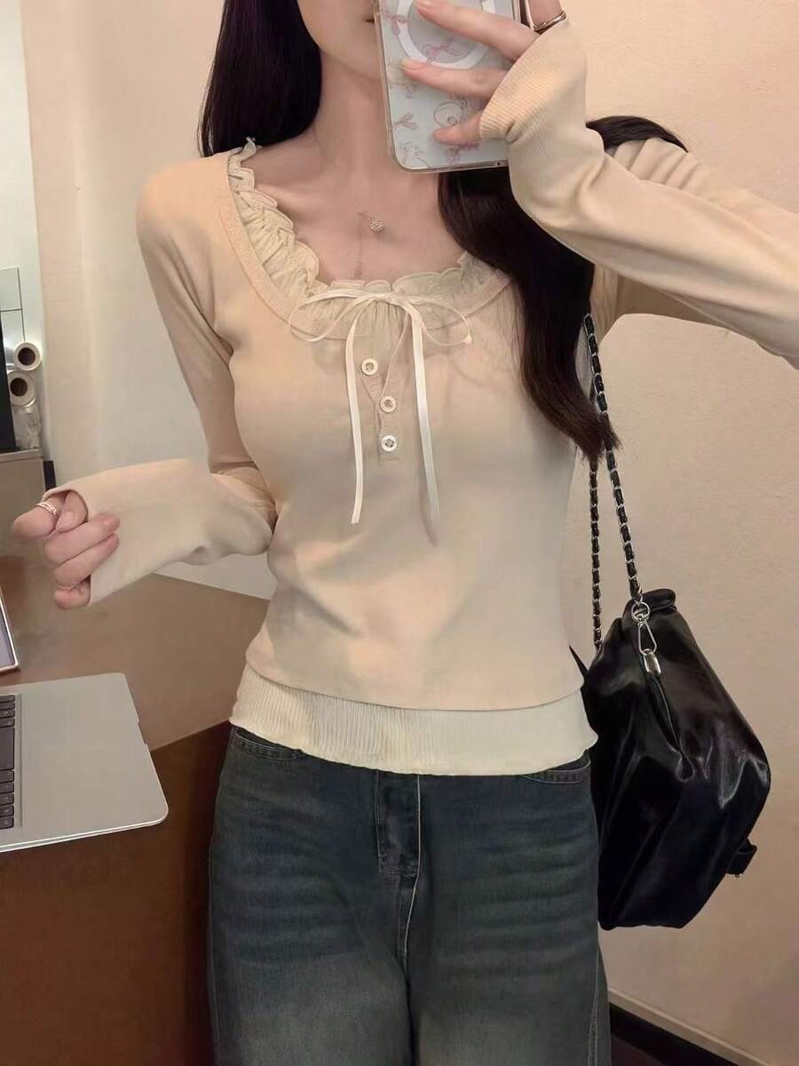 甜美蝴蝶结长袖荷叶边女式衬衫，春夏款，情人节/冬季上衣 - 杏色 - 查看 1