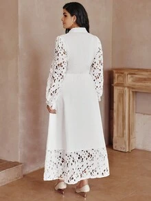 Simplee Plus Size Women's Elegant Lace Patchwork Front Button Long Dress, Suitable For Party And Vacation Wear, Spring/Summer - White - View 7