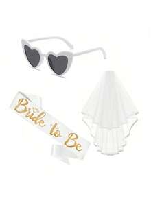 3pcs/Set, Bachelorette Party Bride-To-Be Decoration Glasses Set, Bridal Shower Gift, Bride Sash, White Heart , Veil, Wedding Decor, Wedding Supplies, Cool Decorations, Quirky Accessories, Scene Decor, Photo Props - Gold 4 - View 8