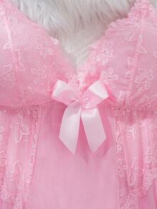 1pc Plus Size Sexy Deep V Lace Mesh Nightgown + 1pc Panty Set