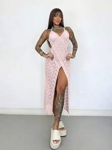 Beach Cover-Up, Pool, Lace, Knit, Summer, Vacation Dress - Rosa Prata - 查看 5