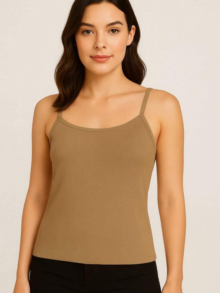 Basic Casual Polyester Sports And Fitness Ribbed Thin Strap Tank Top - 深米色 - 查看 1
