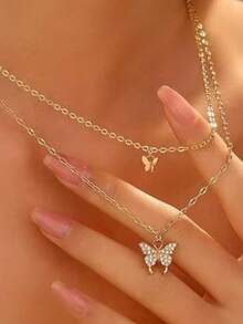 青少年新款水钻蝴蝶双层项链，适合女孩，简约设计，小众时尚锁骨链