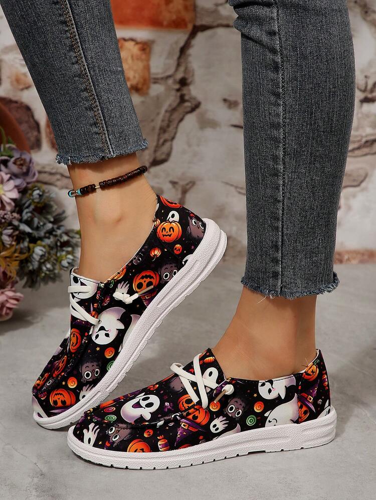 Rund tå Kontrastfärg Slip-On Halloween Spöke Pumpa Fladdermus Roligt Element Mode Mångsidig Lätta Fest Kvinnor Tecknade Canvasskor - Multifärgad - Visa 12