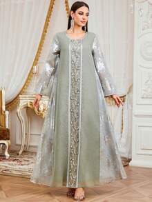 Robe longue à manches longues avec appliqués de paillettes et empiècements dorés, nouvelle collection festival pour femmes. Élégante pour les fêtes, la maison et le style décontracté. Robe de printemps - Gris - Voir 1