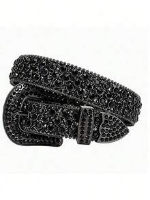 1pc Solid Color Rhinestone Waist Belt, Inlaid With Shiny Crystal For Punk And Hip-Hop Style, Suitable For Jeans Or Dress Halloween Summer, School - 黑色 - 查看 1