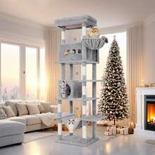 HEXCELEN 82.7-Inch Cat Tree, Large Cat Tower For Indoor Cats, Condo With Perch, Cat House Furniture With 2 Caves, 8 Scratching Posts, Hammock, Pompoms, Washable Cushion, Dark Gray - 深灰色 - 查看 2