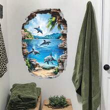 1pc 30x40 3D Dolphin Ocean Scene Wall Sticker, Creative 3D Visual Wall Decor, Removable Self-Adhesive Wallpaper, Suitable For Bathroom And Room - Multicolor - View 3