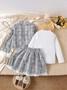 3 pièces Ensemble fille comprenant : veste longue élégante à fleurs et dentelle, Top à manches longues de couleur unie, et jupe. Automne/Hiver