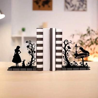 2pcs Black Alice In Wonderland Themed Metal Bookends, Office Desk Decor, Library Book Storage, Birthday/Graduation Gift