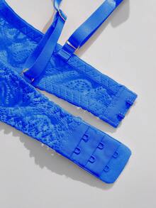 性感内衣，时尚粉色花卉蕾丝文胸内裤套装，无钢圈文胸和内裤 - 寶藍色 - 查看 4
