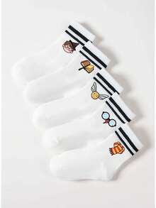 5/1 Pair Harry Potter Pattern Kids Mid-Calf Socks, Black & White Stripes, Cute Cartoon Harry Potter Design, Fashion Casual Comfortable Breathable Student Socks, Suitable For Daily Wear, Back To School, Holiday Gifts