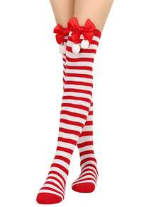1 Par de Meias Acima do Joelho com Laço Festivo para Festa/Reunião, Listradas em Vermelho e Verde, Adequadas para Decorações de Natal e Decoração de Casa, Decoração de Quarto de Inverno
