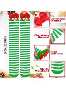 1 Par de Meias Acima do Joelho com Laço Festivo para Festa/Reunião, Listradas em Vermelho e Verde, Adequadas para Decorações de Natal e Decoração de Casa, Decoração de Quarto de Inverno