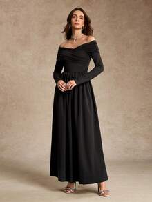 Women's Elegant Solid Color Off-Shoulder Long Sleeve Dress, Early Autumn - Black - View 2