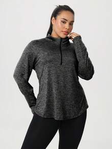 Plus Size Women's Fashion Sports Yoga Half Zip Sweatshirt Spring - Grey - View 6