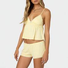 XBTCLXEBCO Lace Pajama Sets For Women 2 Piece Sexy Sleeveless Cami Tank Top And Shorts Pj Set Y2K Matching Lounge Sleepwear - 蕾絲黃+大號 - 查看 4