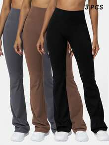 Sodalemon Women Training Fitness 3Pcs Yoga Gym Pants Set Solid Color Butt Liftting Running Casual Sport Flare Pants Tights - Multicolor - View 3