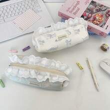 1 bolsa para lápis com estampa de gato e renda, grande capacidade, design colorido e portátil, adequada para cenários de armazenamento de papelaria, caixa de papelaria/organizador de estojo de lápis