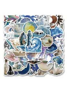 paquete de 50 pegatinas con temática retro del océano y estética, pegatinas de dibujos animados lindos y divertidos, pegatinas estéticas de anime para diario, scrapbooking, instrumentos, envoltorios, sobres, regalos de fiesta, recompensas y motivación para adolescentes y jóvenes - Azul - Ver 12