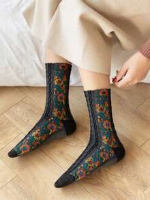5 Pairs Women's Vintage Floral Knitted Socks - Bohemian Style Crew Socks For Autumn Winter, Warm Comfortable Boot Socks With  Design, Perfect Match For Boots & Dresses, Ideal Festival Gift