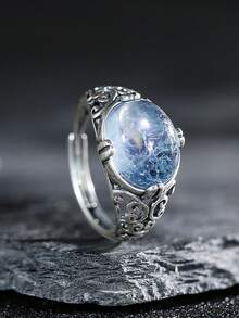 1pc 10*12mm Natural Aquamarine Ring 925 Sterling Silver Vintage Gorgerous Gems Men Women's Ring Adjustable Open Bands Jewelry Birthstone Gift