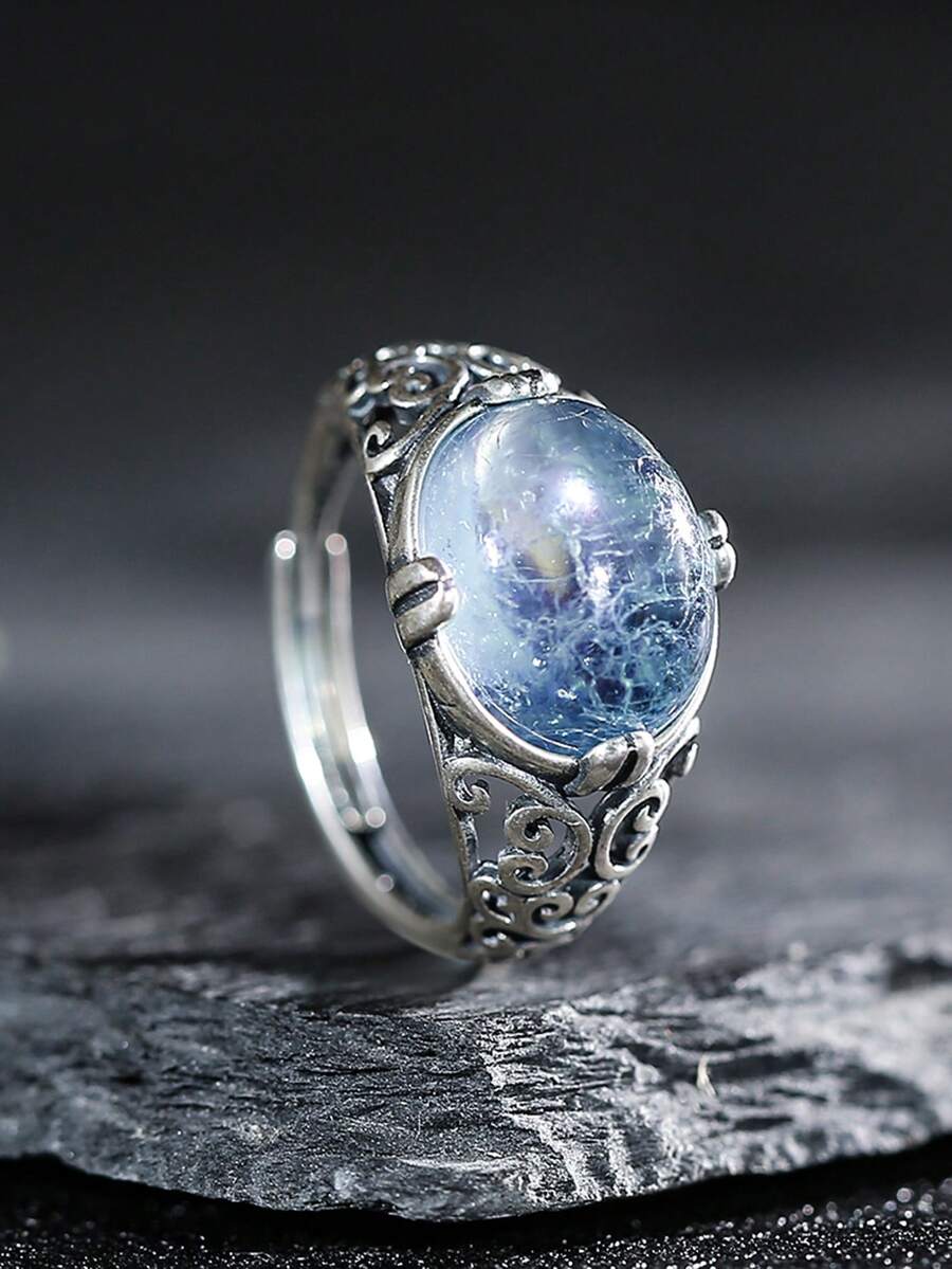 1pc 10*12mm Natural Aquamarine Ring 925 Sterling Silver Vintage Gorgerous Gems Men Women's Ring Adjustable Open Bands Jewelry Birthstone Gift