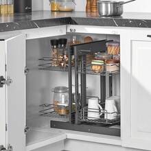Min 15"W Opening Blind Corner Pull Out Organizer, 2 Tier 4 Shelf Kitchen Cabinet Organizer, Chrome Carbon Steel Storage Basket, Slide Out Storage Organizer, Left & Right Open Compatible - Silver - View 9