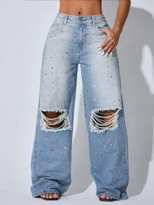 Low Waist Wide Leg Casual Blue Ripped Slanted Pocket Curved Women'S Jeans Rhinestone Embroidery - Blue - View 5