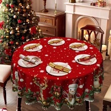 1 pezzo Tovaglia a tema natalizio rosso - Pupazzo di neve, renna, corona di vischio, disegno di fiocchi di neve, abbinata a nastri rossi, campanelle, bacche rosse - Tessuto in poliestere durevole - Adatta per tavoli rettangolari e rotondi, ideale come regalo di Natale e per celebrazioni di Capodanno, decorazione della tavola natalizia, decorazione natalizia