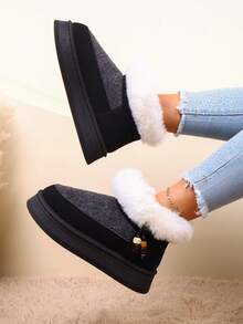 1 Pair Plus Size 36-42 Contrast Quilted Punk Preppy College Sports Avant-Garde Retro Cargo Style Faux Fur Lining Bowknot Faux Fur Edge Lace-Up Thick Sole Snow Boots, Suitable For Holiday, Outdoor, Winter