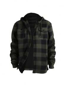 Men's Winter Jacket, Hoodie,Heavy Thick Flannel Plaid Jacket Sherpa Fleece Lined Hoodies For Men Zip Up Winter Warm Coat Buffalo Zipper Sweatshirt - 綠色格 - 查看 2