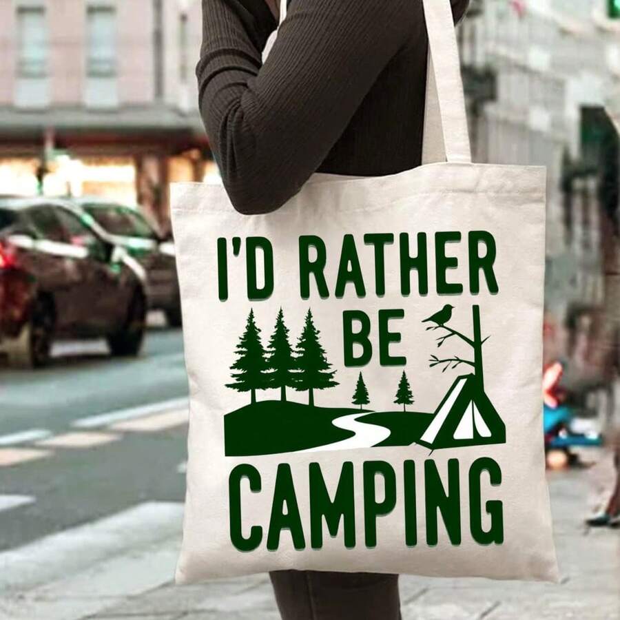 ZCAYNGER Canvas Tote Bag With I'd Rather Be Camping Design - Durable, Reusable Shopping Bag Travel, Hiking & Outdoor Adventures - Washable, No Closure, Black, Camping Accessories - 白色 - 查看 1