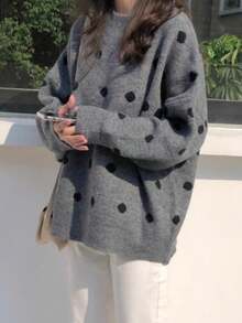 EAVA Fashion 女款針織上衣，灰色配黑色波點長袖套頭毛衣，標準版型，羅紋針織細節，舒適面料 - 灰色 - 查看 2