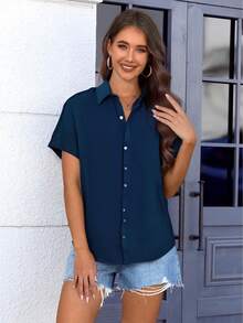 Women's Casual And Formal Shirt, Short Sleeve, Elegant And Comfortable For Summer - Màu xanh hải quân - Xem 1