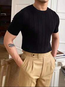 Men's Casual Crew Neck Solid Color Short Sleeve Knit T-Shirt - màu đen - Xem 7